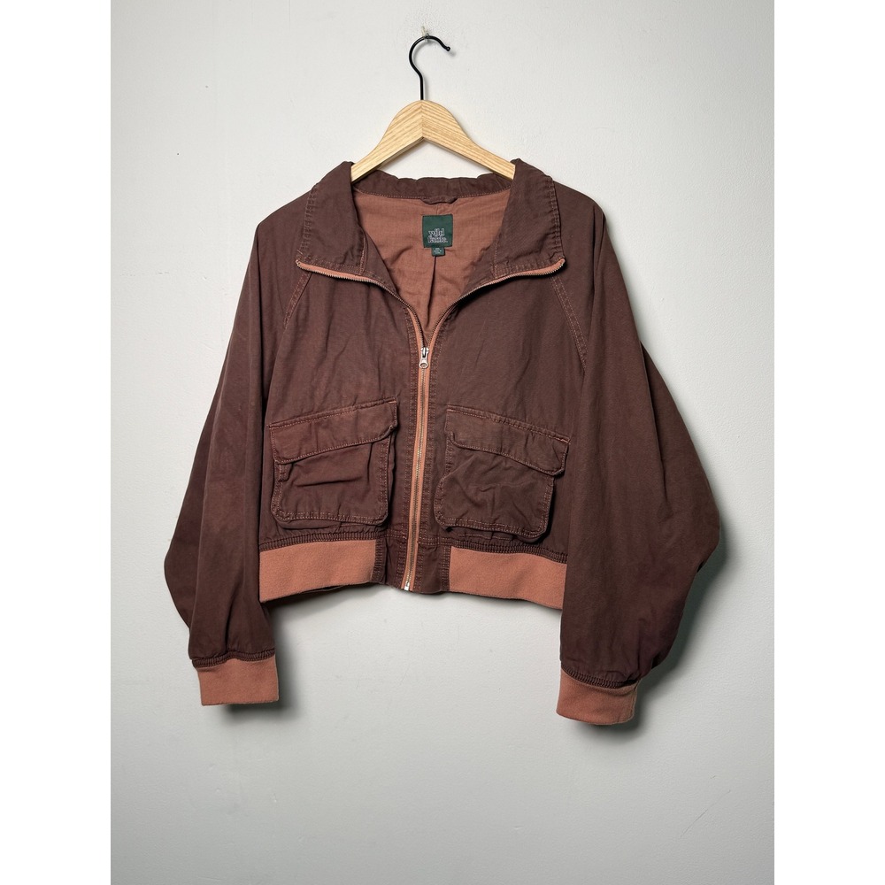 Wild Fable Brown Cropped Bomber Jacket XXL Zip Up Utility Pockets Raglan Sleeve